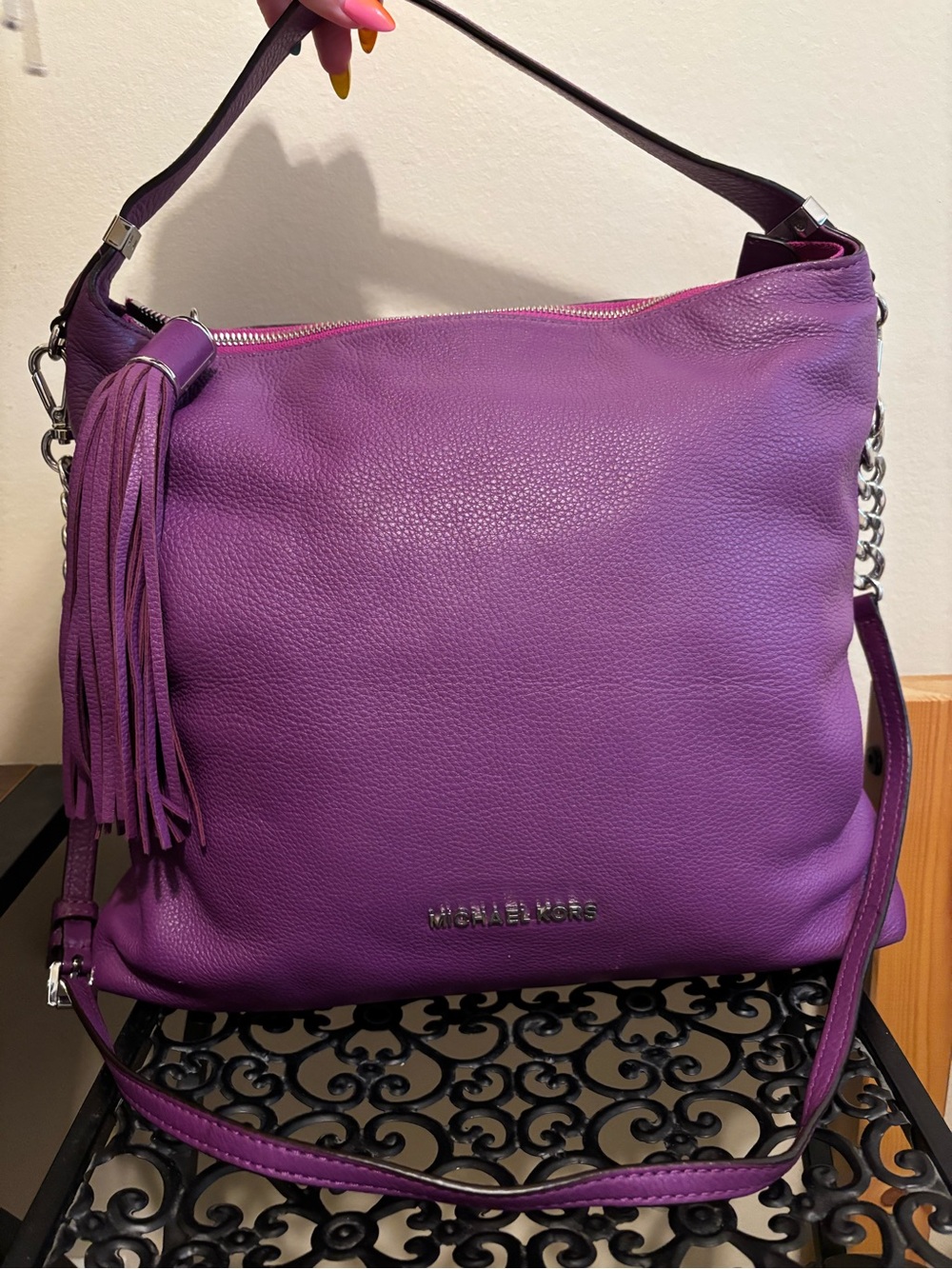Michael Kors Purple Leather Hobo Shoulder Bag with Tassel